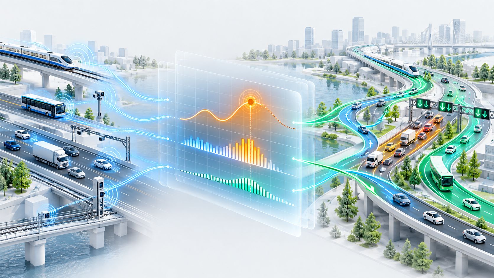AI-powered mobility management predicting traffic disruptions and optimizing routes and transport capacity