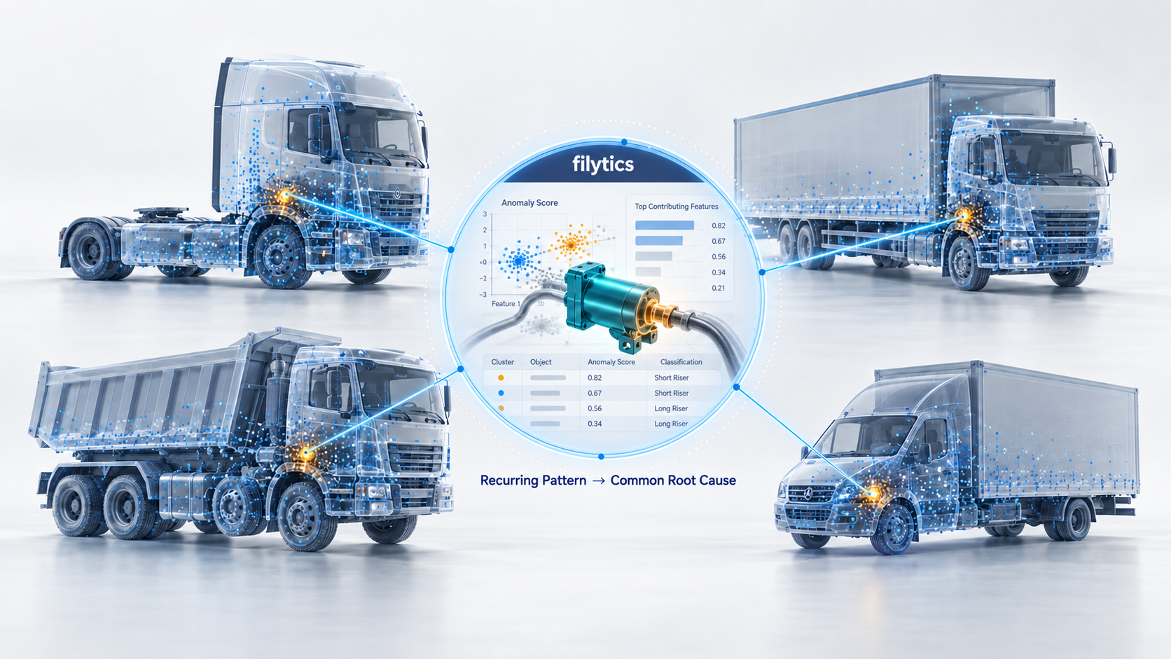Predictive Quality analytics identifying a recurring component issue and common root cause across different vehicle variants