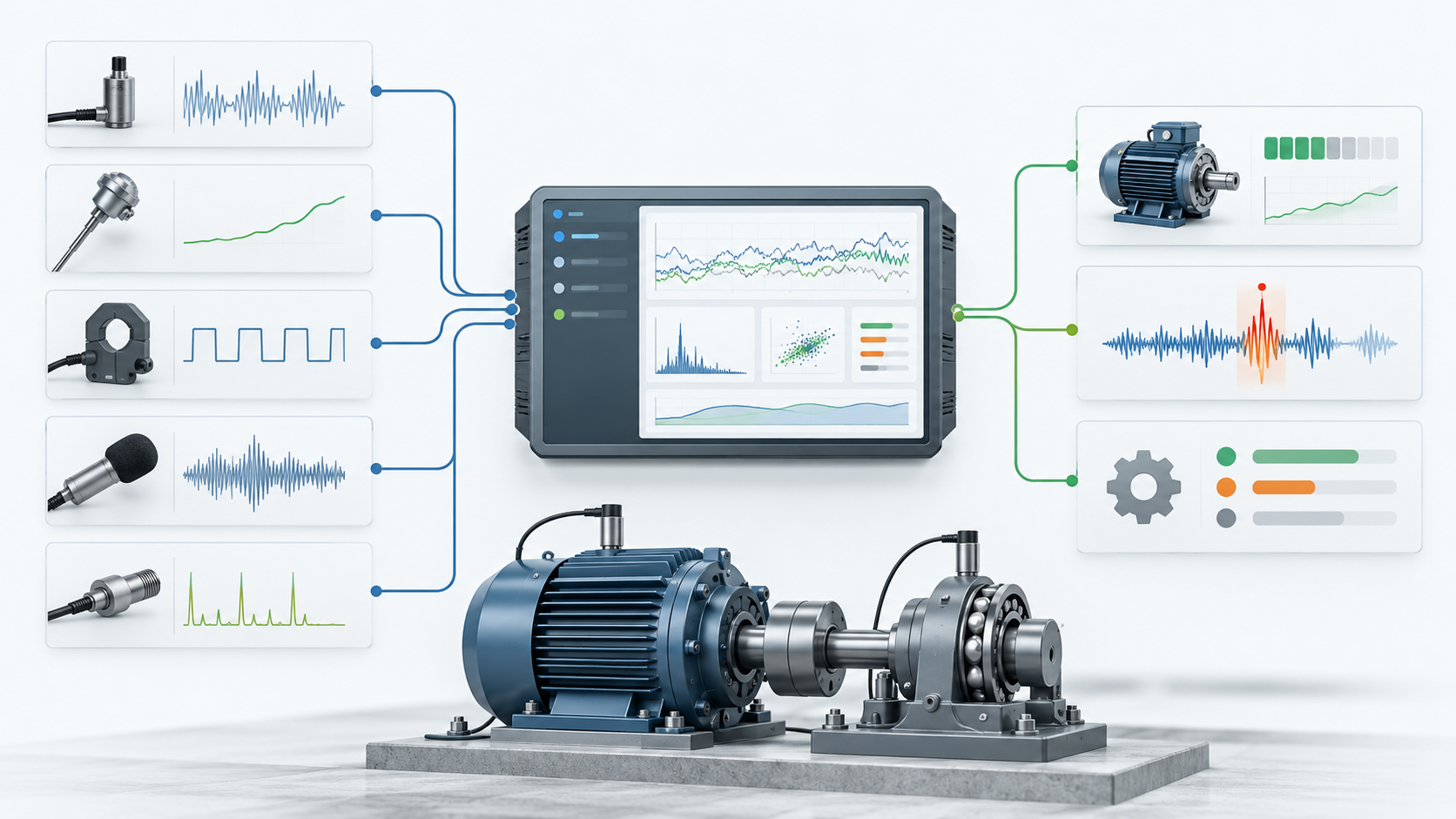 Different sensor technologies connected to AIDnow for condition monitoring and anomaly detection.