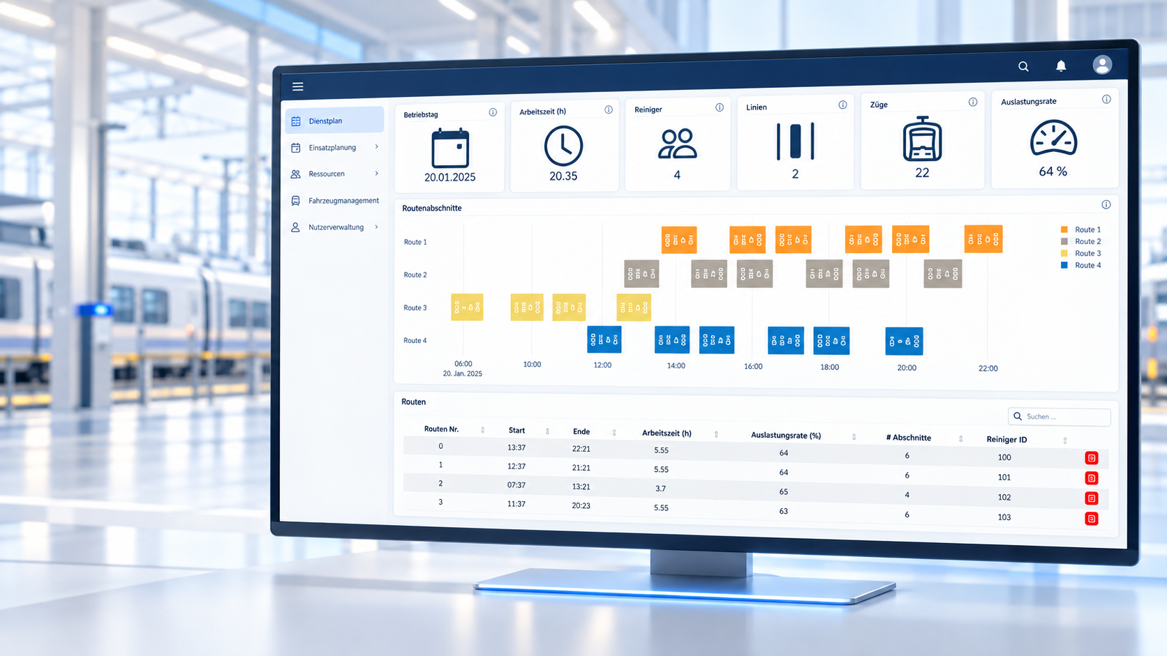 DispoClean dashboard for scheduling cleaning teams, train routes and workforce utilization in rail operations