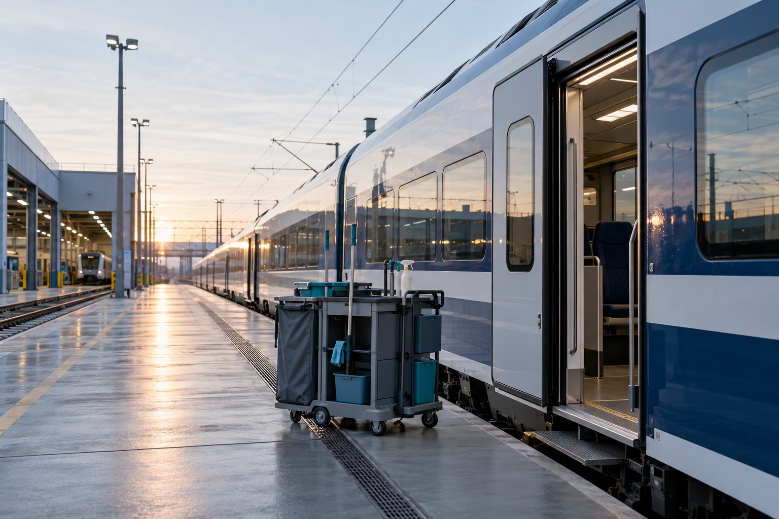 Passenger train at a rail depot with cleaning equipment prepared for coordinated onboard cleaning operations.