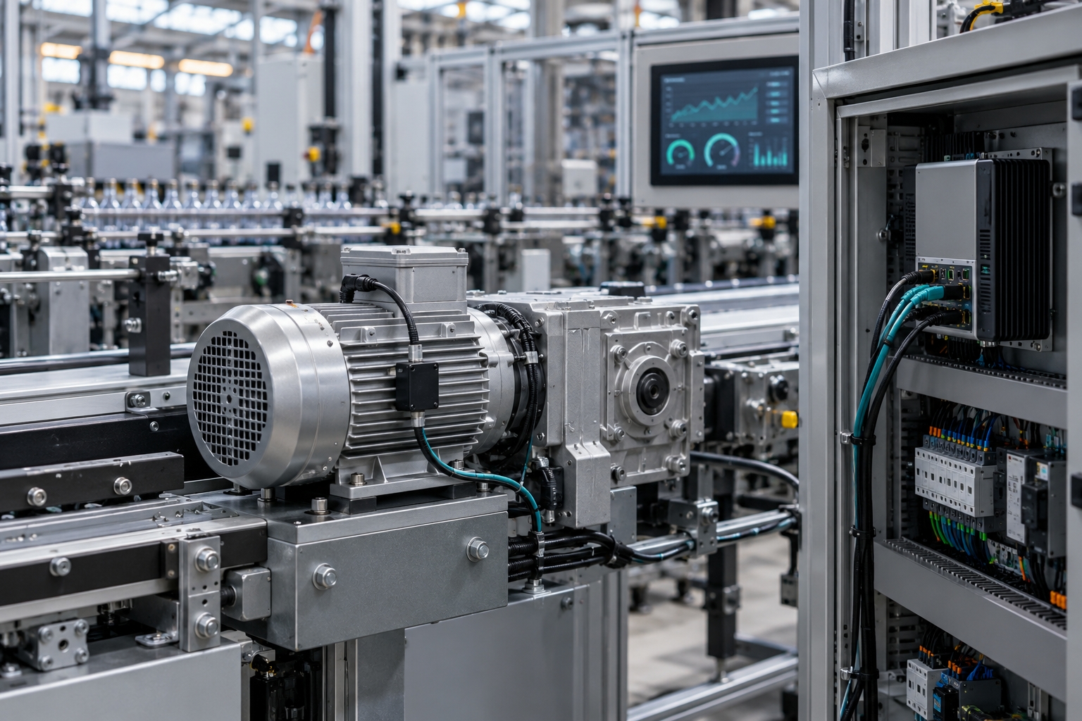 Sensor-equipped electric motor integrated into an automated production line with edge hardware and condition monitoring.