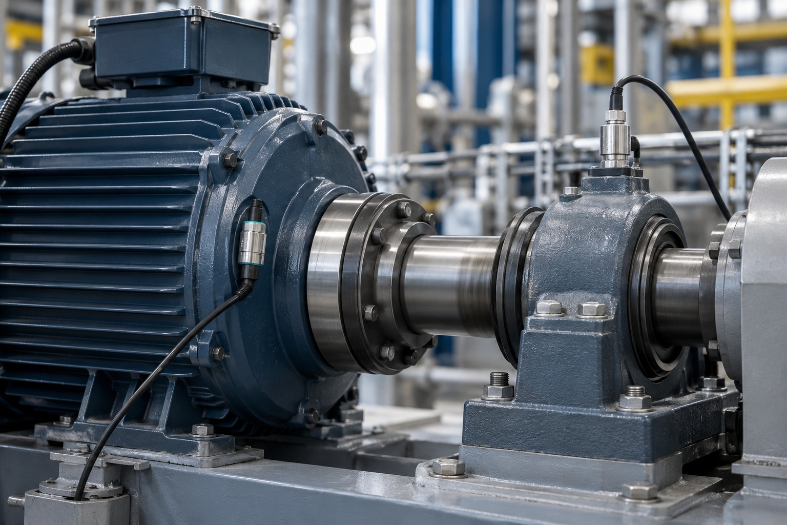 Electric motor, shaft and bearing equipped with sensors for monitoring machine condition.