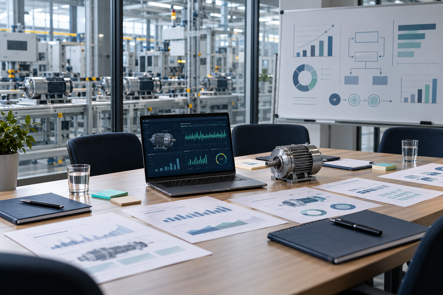 Workshop table with production data, an electric motor and a roadmap for developing further industrial AI applications.